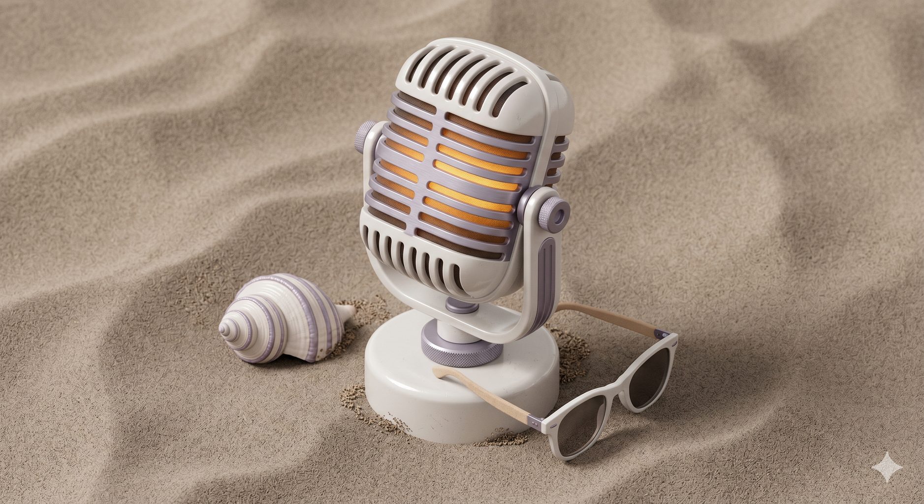 Retro microphone with sunglasses and a seashell on sand